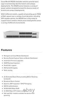 Cisco Meraki MS210 48FP 1G 48x GigE 740W PoE Switch New
