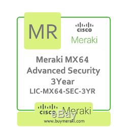 Meraki MX64 Advanced Security Lic, 3-Year, 1 Security Appliance LIC-MX64-SEC-3YR